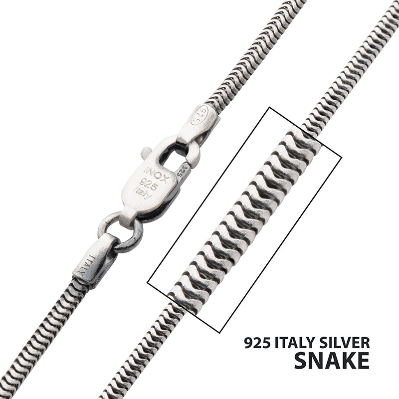 1.5mm Italy Silver Black Rhodium Plated Brushed Satin Finish Snake Chain Necklace