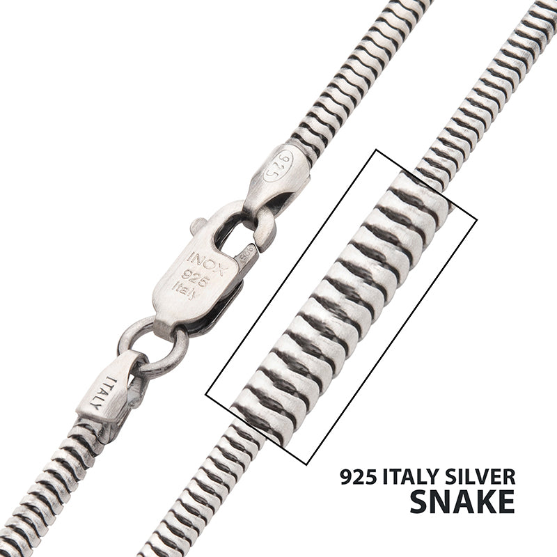 2.4mm Italy Silver Black Rhodium Plated Brushed Satin Finish Snake Chain Necklace