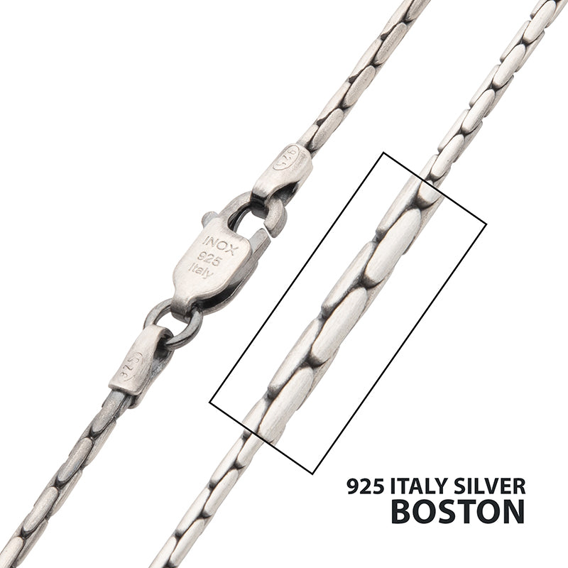 1.5mm Italy Silver Black Rhodium Plated Brushed Satin Finish Boston Chain Necklace