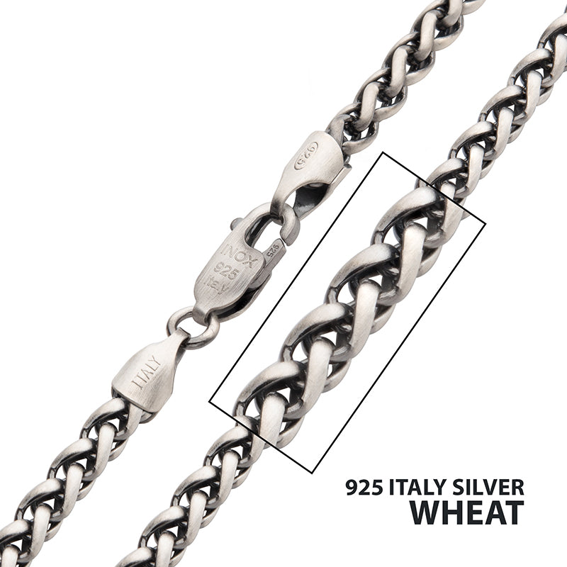 4mm Italy Silver Black Rhodium Plated Brushed Satin Finish Wheat Chain Necklace