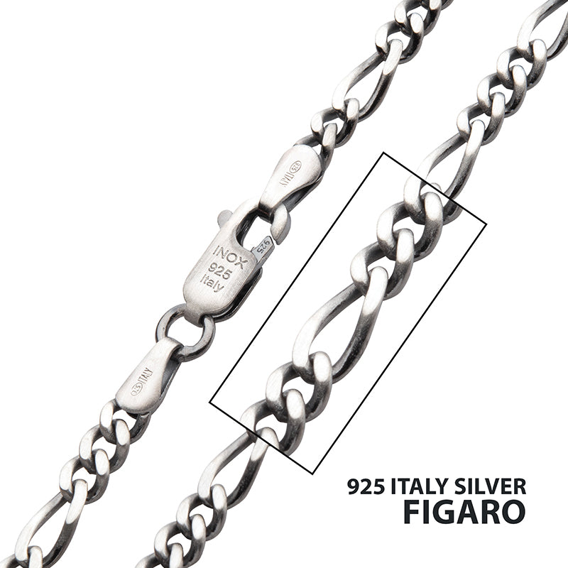 3.6mm Italy Silver Black Rhodium Plated Brushed Satin Finish Figaro Chain Necklace