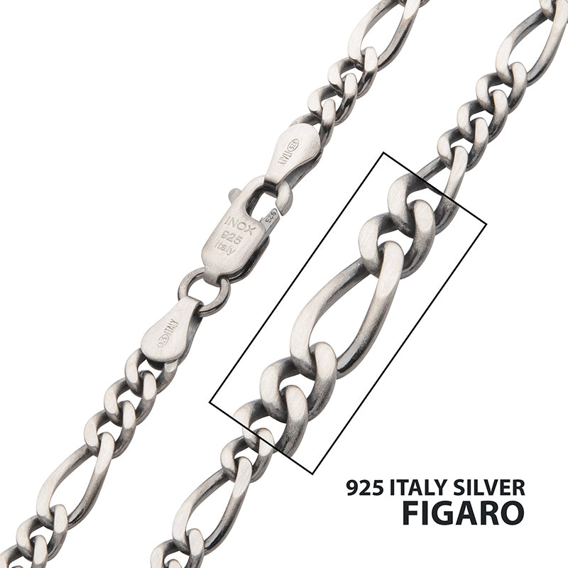 4.3mm Italy Silver Black Rhodium Plated Brushed Satin Finish Figaro Chain Necklace