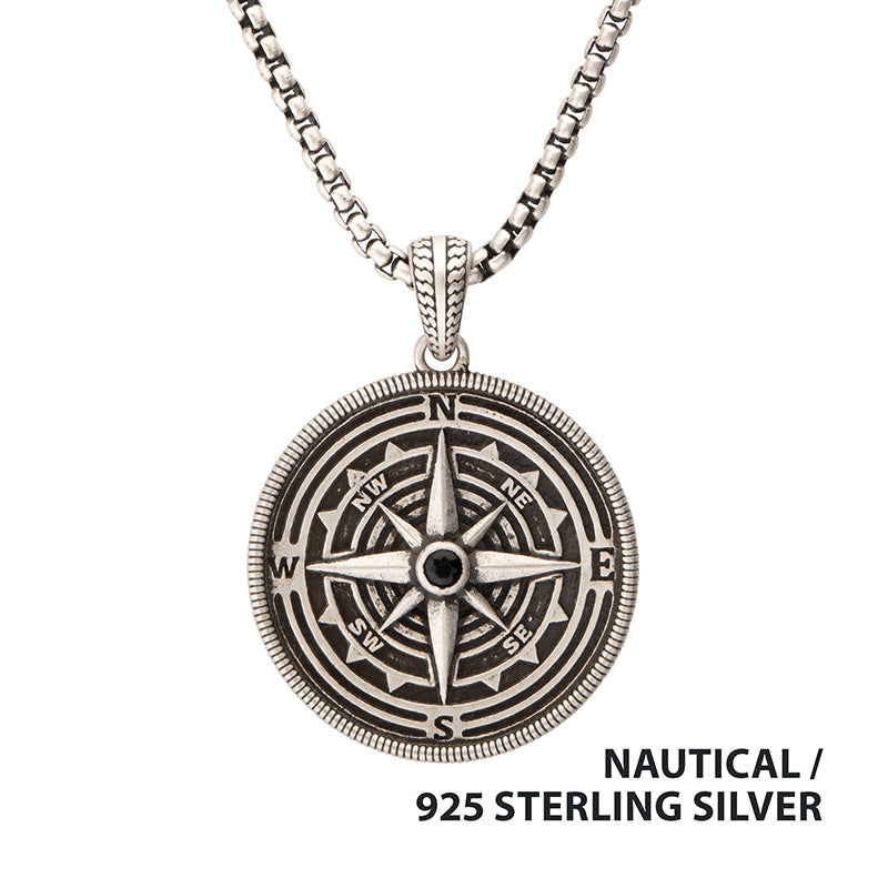 Silver Magellan Compass Black Spinel Pendant
