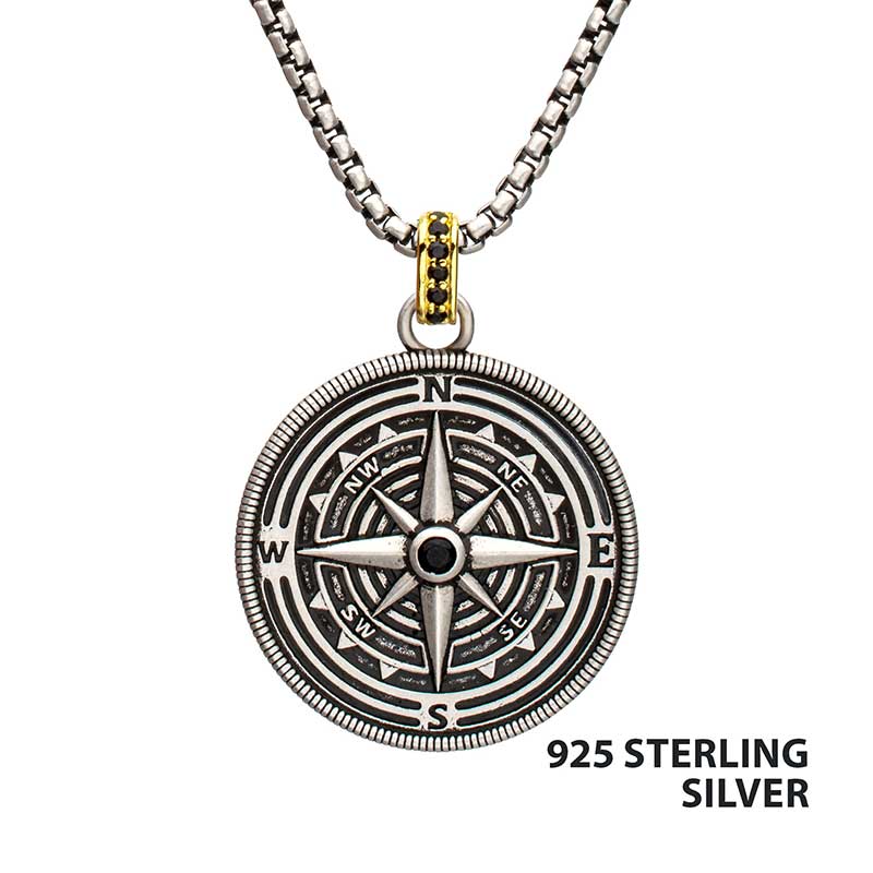 Silver Black Spinel Magellan Compass Pendant
