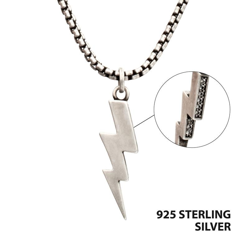 Silver White Sapphire Side Gem Lightning Bolt Pendant