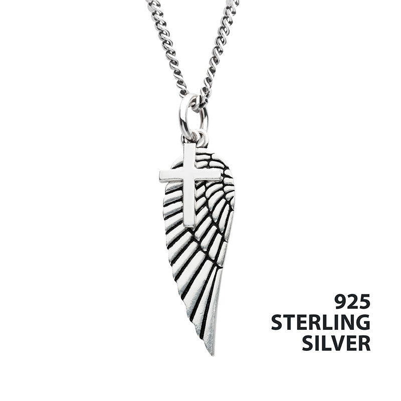 Silver Oxidized Wing & Cross Duo Pendant