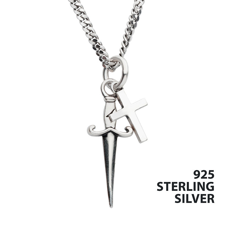 Silver Oxidized Dagger & Cross Duo Pendant