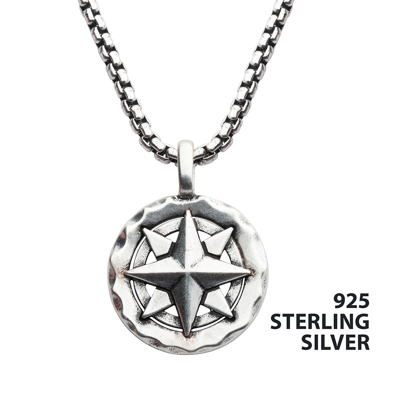 Silver Oxidized Compass Pendant