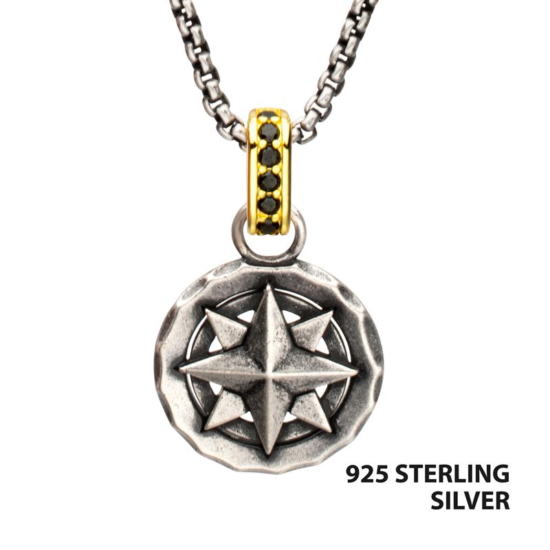 Silver Oxidized Compass Pendant
