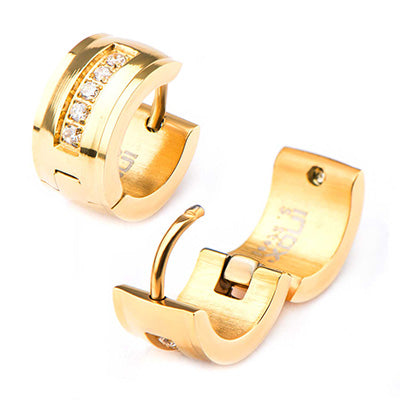 Steel Gold IP Clear CZ Huggie Earrings
