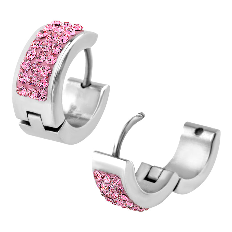Light Pink Crystal Gem in Steel Huggie Earrings