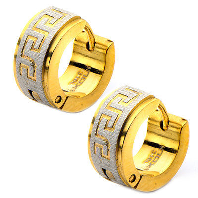 Gold IP Greek Key Huggie Earrings