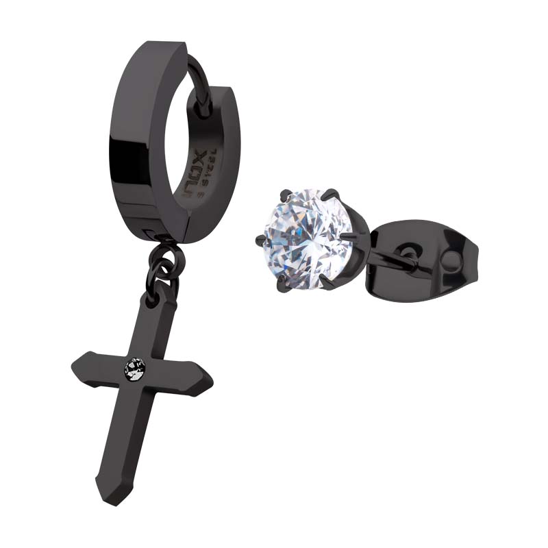 Black IP Dangling Cross Huggie & Prong Set CZ Stud Mismatched Earrings