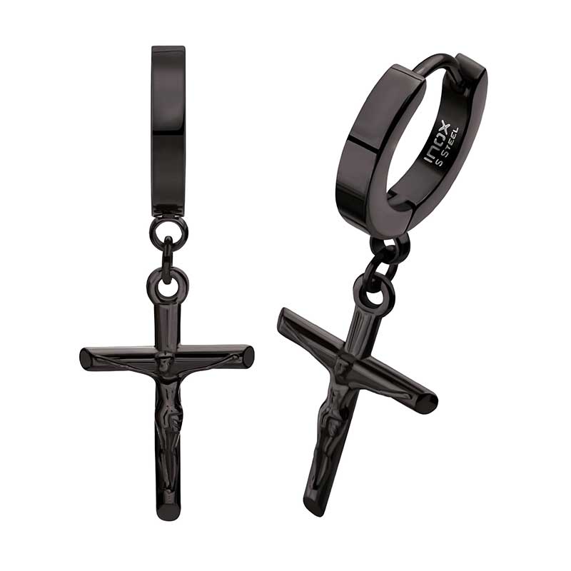 Black IP Steel Jesus Christ Crucifix Huggie Earrings