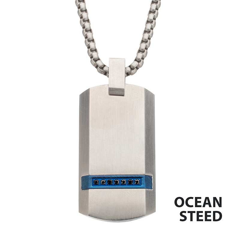 OCEANSTEED- Matte Steel Blue Beveled Strip Dog Tag Pendant