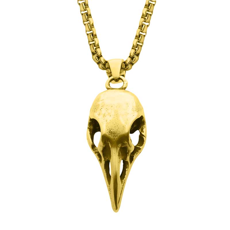 Distressed Matte 18K Gold IP Crow Skull Pendant