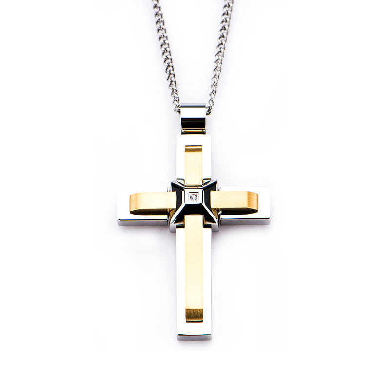 Steel & Gold IP Two Layer Cross Pendant