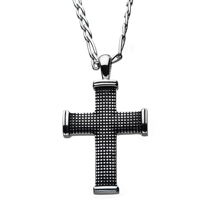 Black Oxidized Steel Grooved Square Cross Pendant