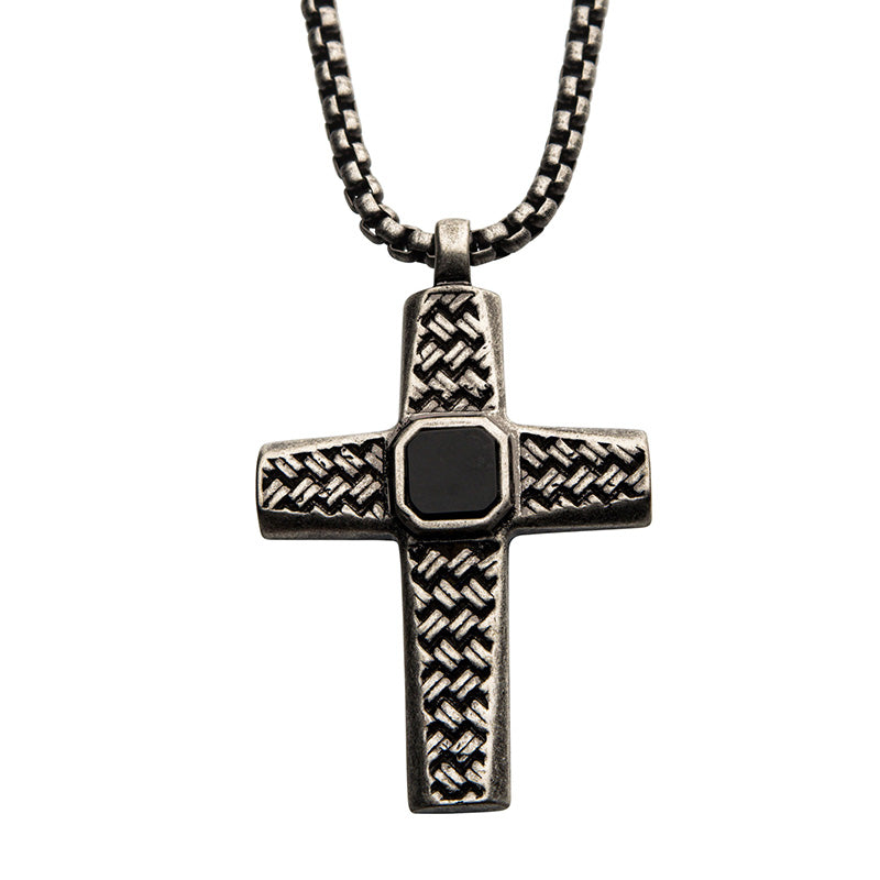 Steel Silver IP Black Agate Stone Cross Pendant