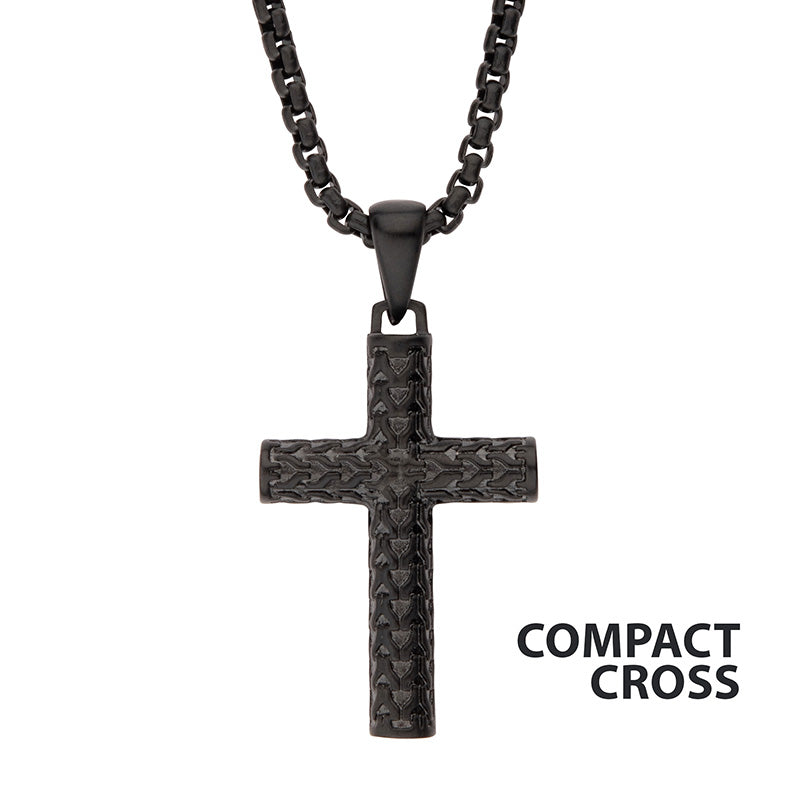Black IP Matte Steel Scale Cross Drop Pendant