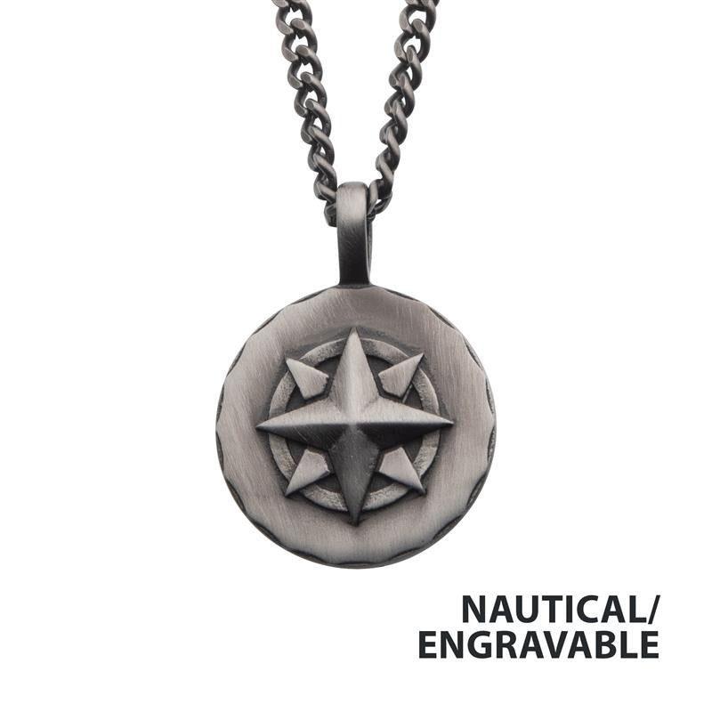Gun Metal IP Engravable Compass Medallion Pendant