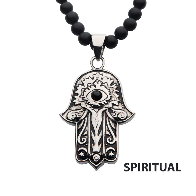 Steel Black Agate Stone Hamsa Pendant