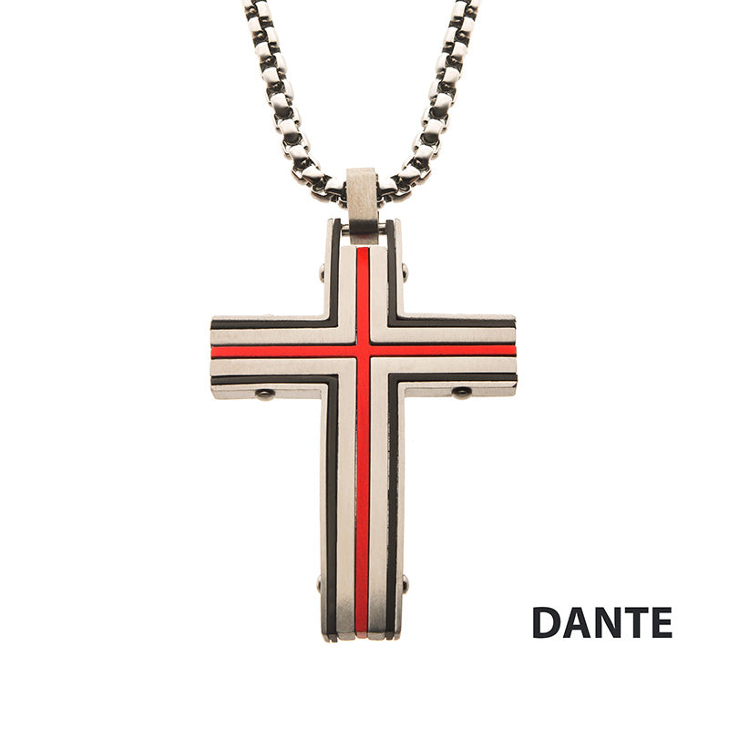 Steel & Red IP Dante Cross Pendant
