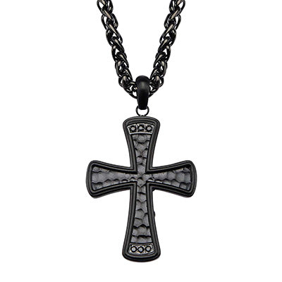 Steel Black Plated Black CZ Hammered Cross Pendant