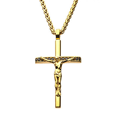 Steel Gold IP Black CZ Crucifix Cross Pendant