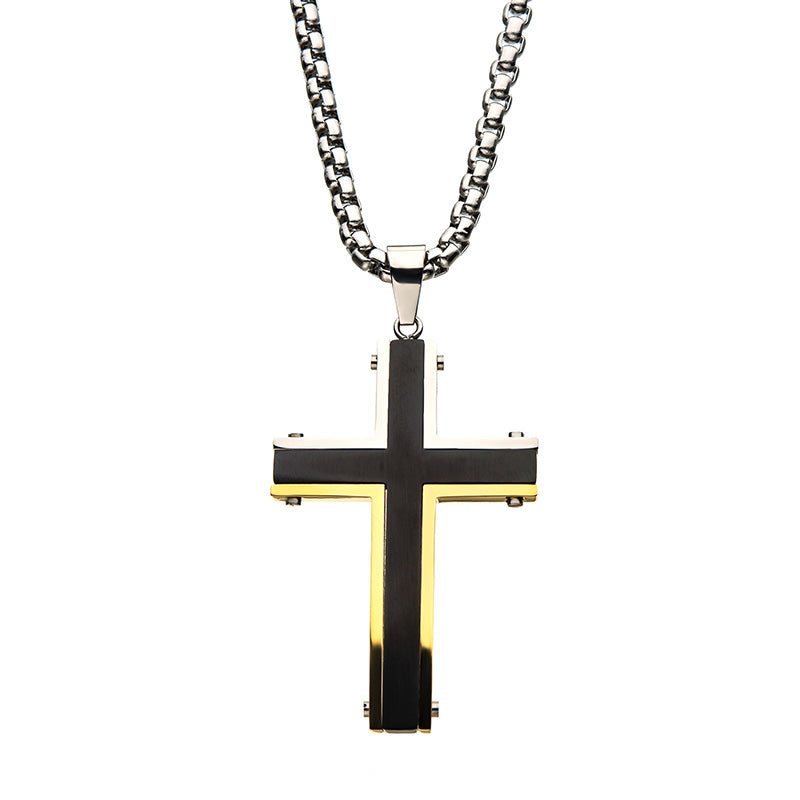 Steel Black & Gold IP Cross Pendant