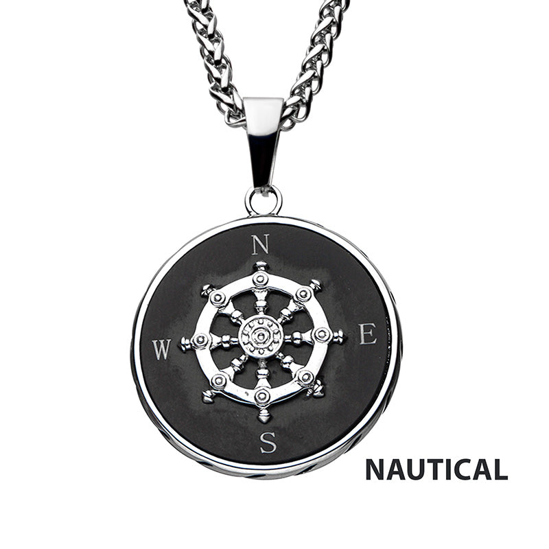 Steel Black IP Ship's Wheel Compass Pendant
