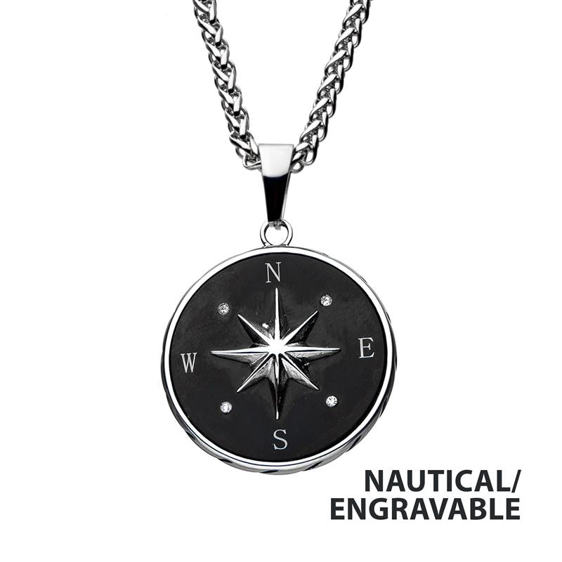 Steel & Black IP Engravable Compass Pendant