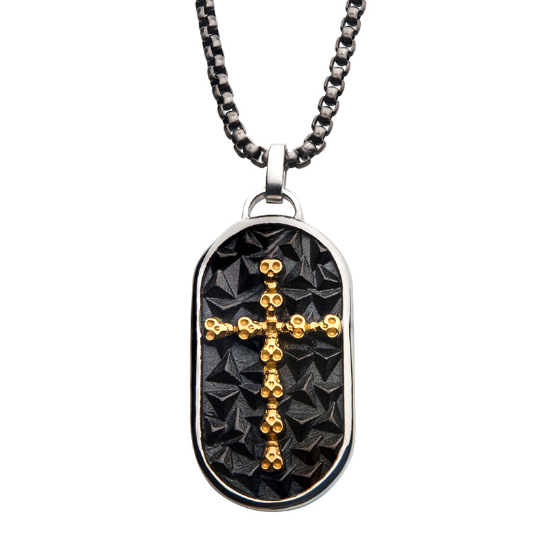 18K Gold IP Skull Cross Inlay Dog Tag Pendant