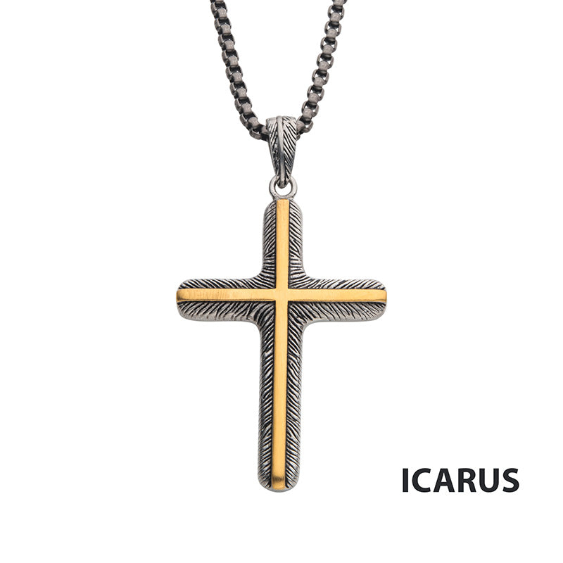 18K Gold IP Inlay & Gun Metal IP Cross Pendant