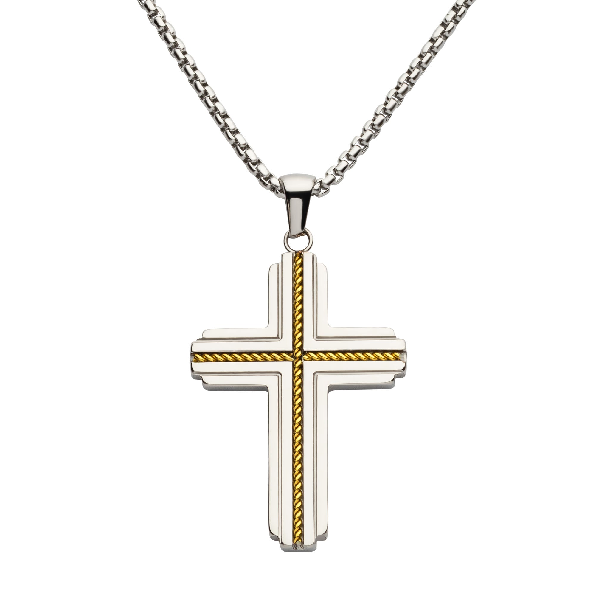 Gold IP Steel Rope Inlay Two-tone Cross Pendant