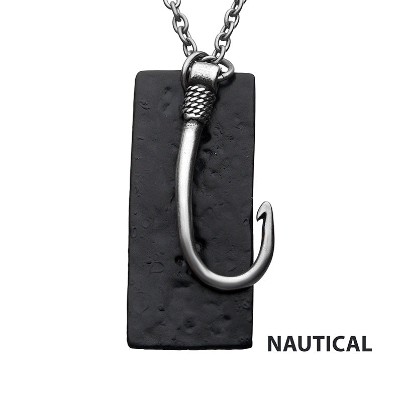 Steel Antiqued Fish Hook & Black IP Tag Pendant