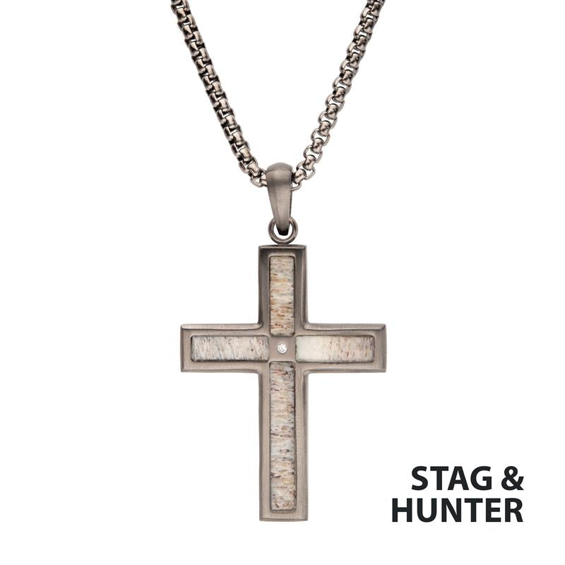 Gun Metal IP Steel Matte Deer Antler Inlay Cross Pendant