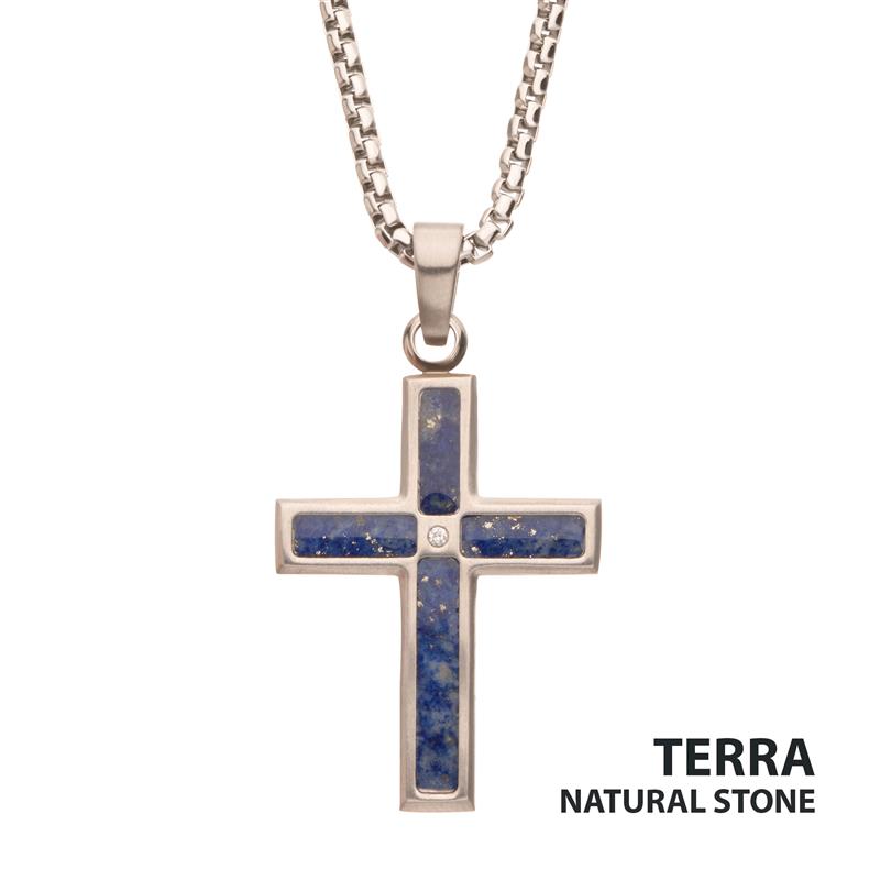 Matte Steel Lapis Lazuli Stone Inlay Cross Pendant