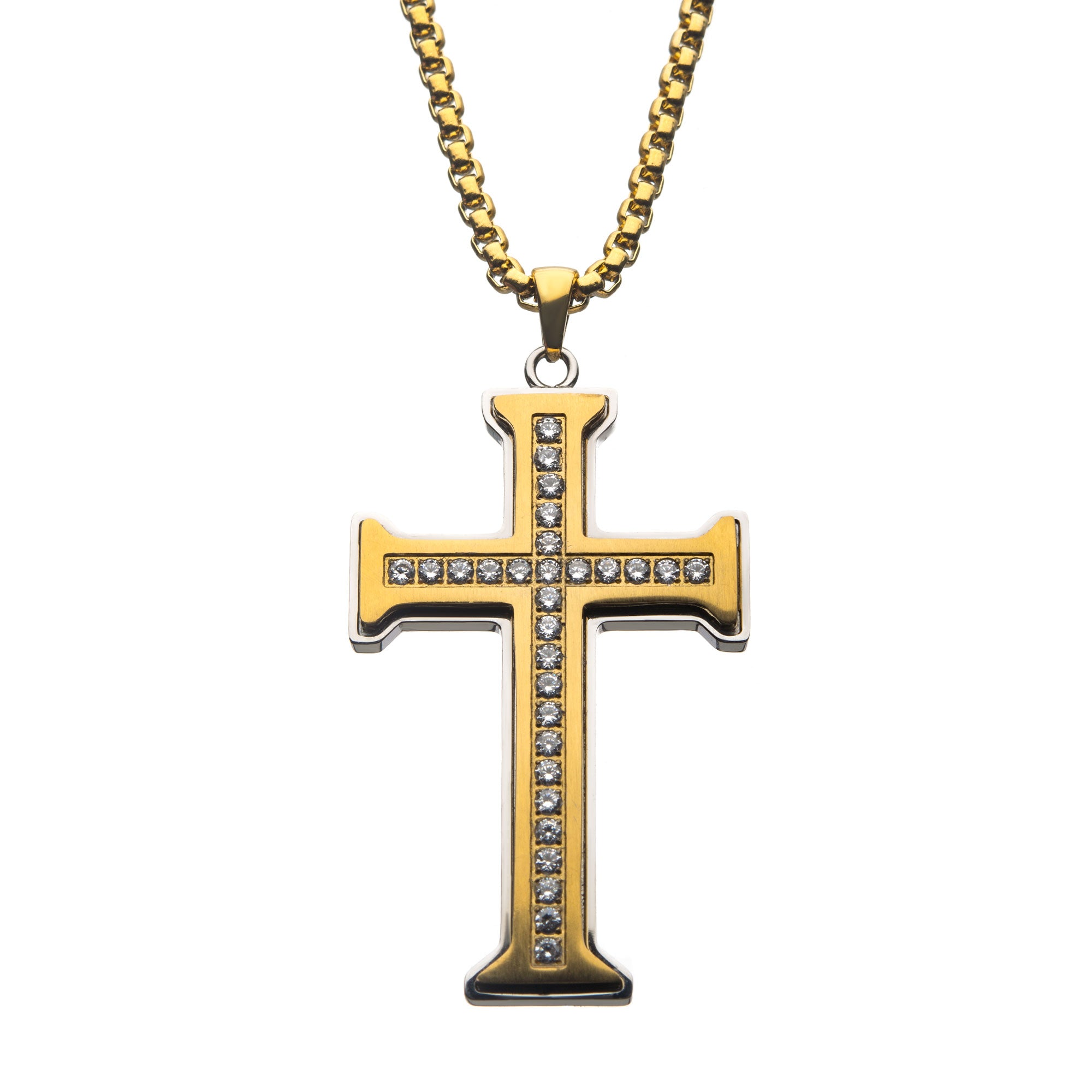 Clear CZ Gold IP Cross Pendant in a Steel Frame