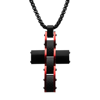 Black & Red Matte Carbon Fiber Cross Pendant