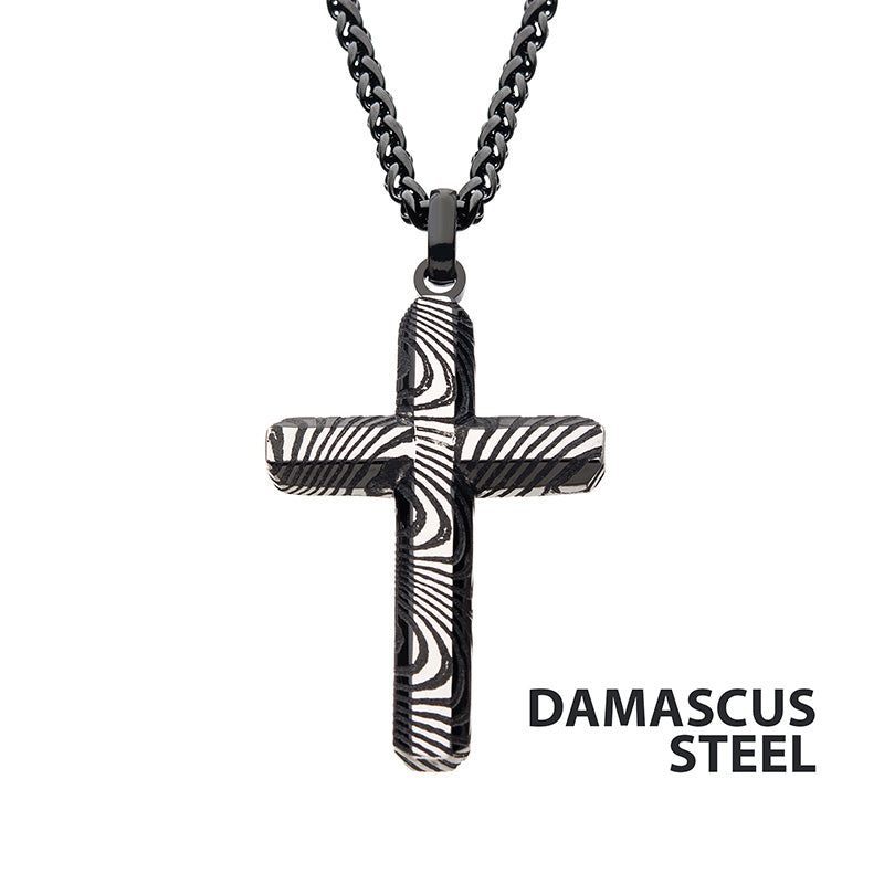 Steel & Black IP Damascus Cross Pendant