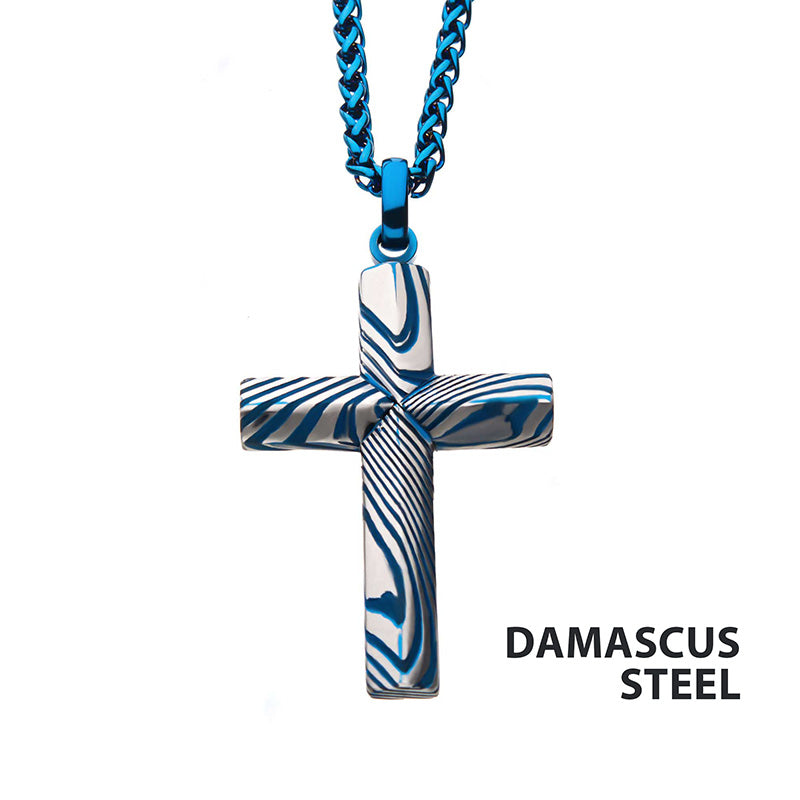 Blue IP Damascus Cross Pendant