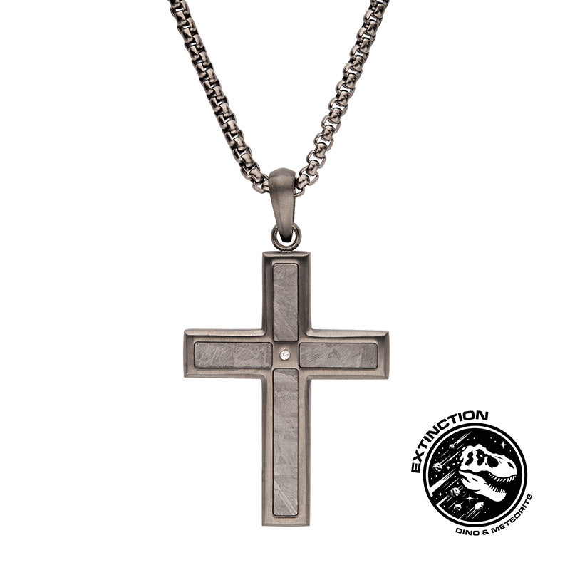 Gun Metal IP Steel Matte Meteorite Inlay Cross Pendant