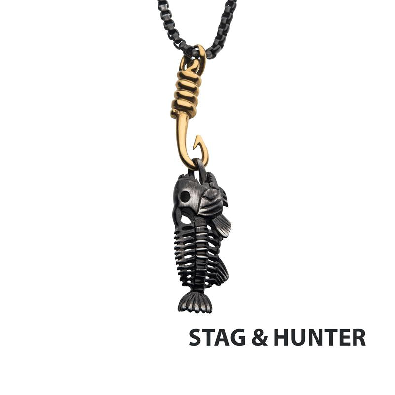 Black IP Fishbone Pendant on a Polished Gold IP Hook