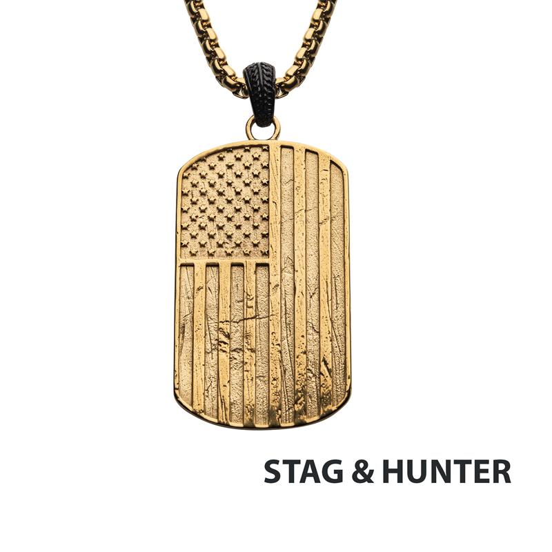 Polished Gold IP Rugged American Flag Pendant on a Black IP Bail