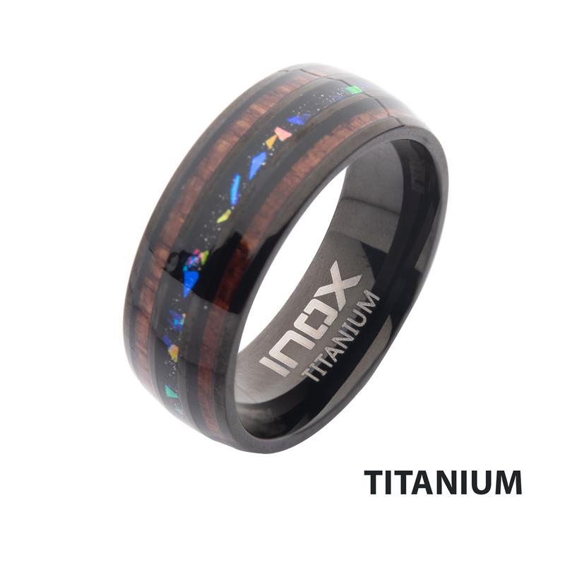 Titanium Black IP Wood & Opal Inlay Ring