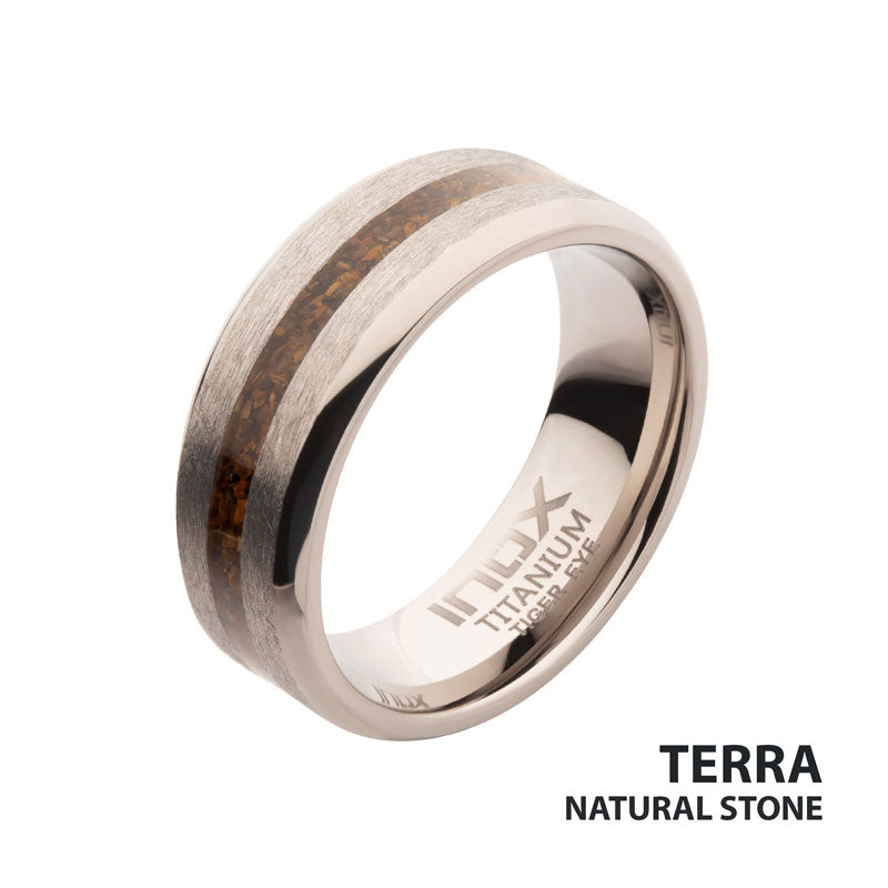 Matte Titanium Tiger Eye Stone Inlay Comfort Fit Ring