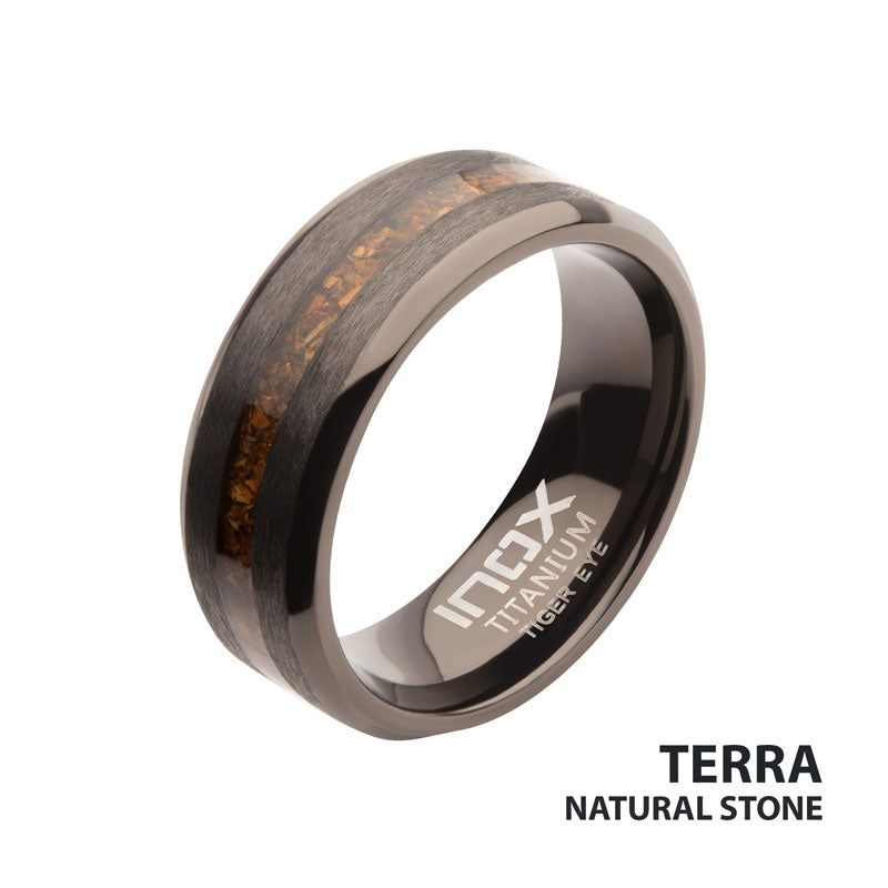 Matte Gun Metal IP Titanium Tiger Eye Stone Inlay Comfort Fit Ring