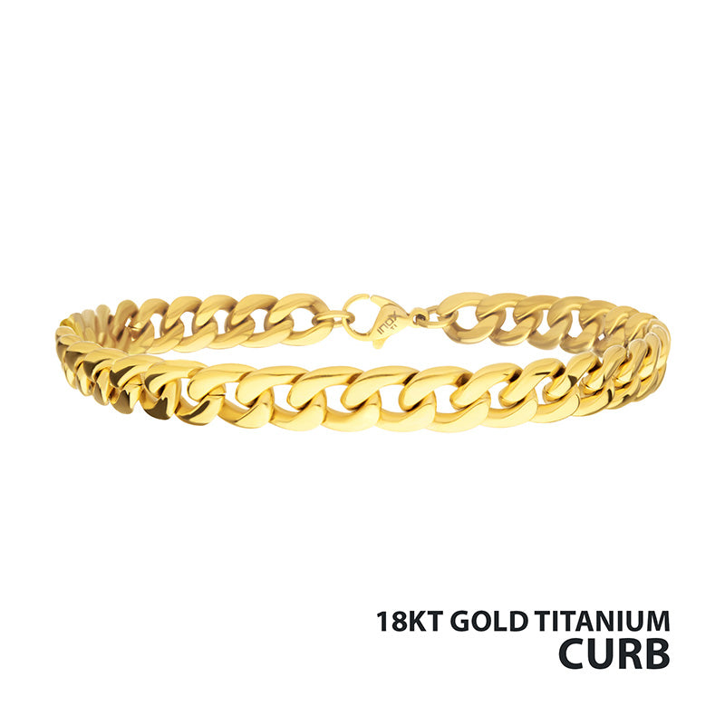 7.4mm 18K Gold IP Titanium Curb Chain Bracelet