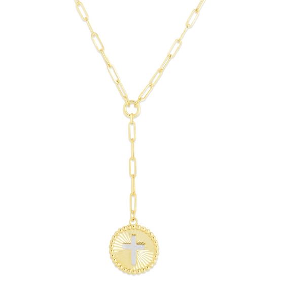 14K Two-Tone Gold Cross Medallion Lariat Necklace